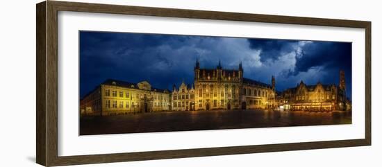 Belgium, Brugge. Panoramic of medieval architecture and square at night.-Jaynes Gallery-Framed Photographic Print