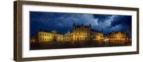 Belgium, Brugge. Panoramic of medieval architecture and square at night.-Jaynes Gallery-Framed Photographic Print
