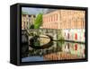 Belgium, Brugge. Reflections of medieval buildings along canal.-Julie Eggers-Framed Stretched Canvas