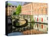 Belgium, Brugge. Reflections of medieval buildings along canal.-Julie Eggers-Stretched Canvas