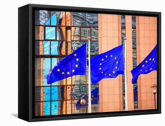 Belgium, Brussels; Three Flags Carrying the European Union Emblem in Front of the E;U Headquarters-Ken Sciclina-Framed Stretched Canvas