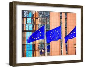 Belgium, Brussels; Three Flags Carrying the European Union Emblem in Front of the E;U Headquarters-Ken Sciclina-Framed Photographic Print