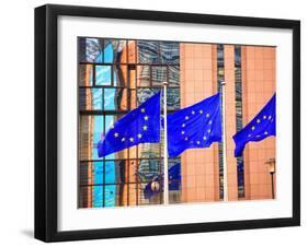 Belgium, Brussels; Three Flags Carrying the European Union Emblem in Front of the E;U Headquarters-Ken Sciclina-Framed Photographic Print