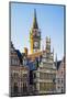 Belgium, Flanders, Ghent (Gent). Old Post Office clocktower and medieval guild houses on Graslei.-Jason Langley-Mounted Photographic Print