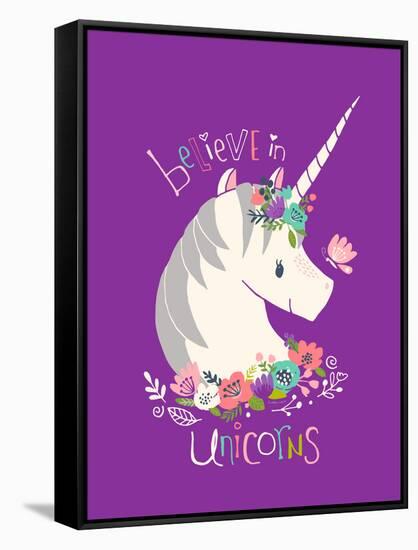 Believe in Unicorns on Purple-Heather Rosas-Framed Stretched Canvas