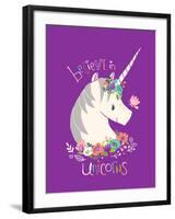 Believe in Unicorns on Purple-Heather Rosas-Framed Art Print