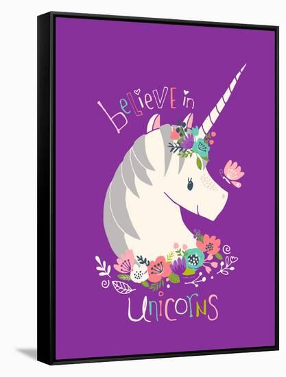 Believe in Unicorns on Purple-Heather Rosas-Framed Stretched Canvas