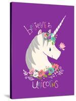 Believe in Unicorns on Purple-Heather Rosas-Stretched Canvas