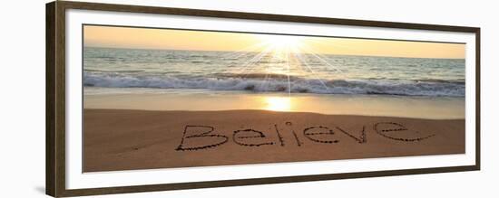 Believe Written In The Sand At The Beach-Hannamariah-Framed Premium Giclee Print