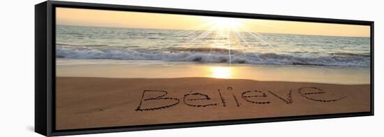 Believe Written In The Sand At The Beach-Hannamariah-Framed Stretched Canvas