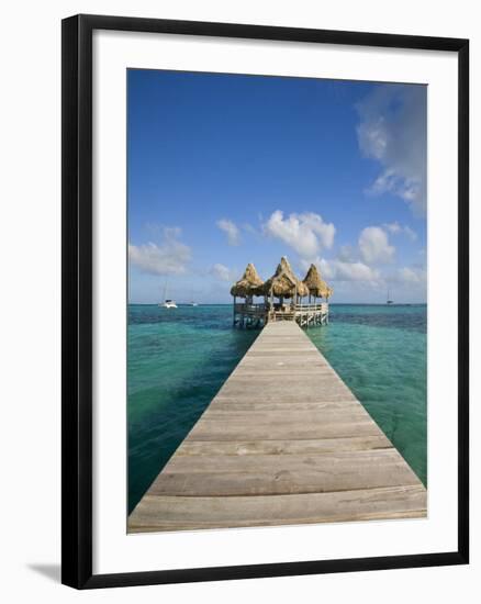 Belize, Ambergris Caye, San Pedro, Ramons Village Resort Pier and Palapa-Jane Sweeney-Framed Photographic Print