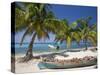 Belize, Laughing Bird Caye, Canoe Filled with Coconut Husks on Beach-Jane Sweeney-Stretched Canvas