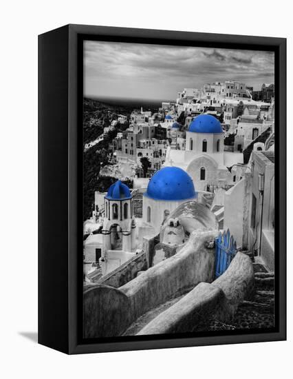 Bell Tower and Blue Domes of Church in Village of Oia, Santorini, Greece-Darrell Gulin-Framed Stretched Canvas