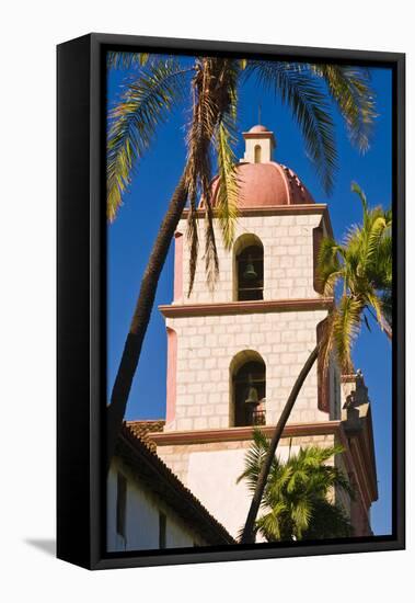 Bell tower and palms at the Santa Barbara Mission, Santa Barbara, California, USA-Russ Bishop-Framed Stretched Canvas