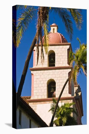 Bell tower and palms at the Santa Barbara Mission, Santa Barbara, California, USA-Russ Bishop-Stretched Canvas