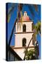 Bell tower and palms at the Santa Barbara Mission, Santa Barbara, California, USA-Russ Bishop-Stretched Canvas