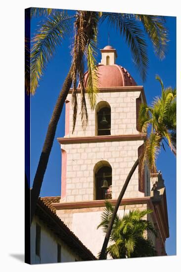 Bell tower and palms at the Santa Barbara Mission, Santa Barbara, California, USA-Russ Bishop-Stretched Canvas
