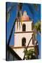 Bell tower and palms at the Santa Barbara Mission, Santa Barbara, California, USA-Russ Bishop-Stretched Canvas