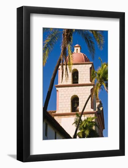 Bell tower and palms at the Santa Barbara Mission, Santa Barbara, California, USA-Russ Bishop-Framed Photographic Print