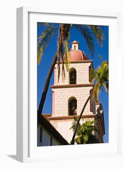 Bell tower and palms at the Santa Barbara Mission, Santa Barbara, California, USA-Russ Bishop-Framed Photographic Print