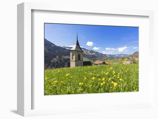 Bell tower surrounded by wildflowers and meadows in spring, Luzein, Switzerland-Roberto Moiola-Framed Photographic Print