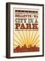 Bellevue, Washington - Skyline and Sunburst Screenprint Style-Lantern Press-Framed Art Print