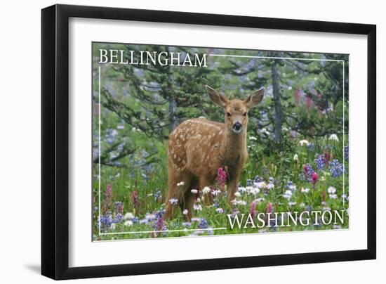 Bellingham, Washington - Deer Fawn and Wildflowers-Lantern Press-Framed Art Print