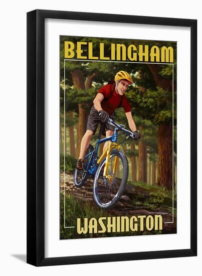 Bellingham, Washington - Mountain Biker in Trees-Lantern Press-Framed Art Print