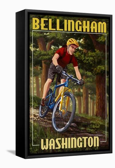 Bellingham, Washington - Mountain Biker in Trees-Lantern Press-Framed Stretched Canvas