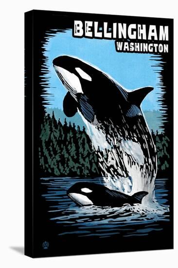 Bellingham, Washington - Orca and Calf Scratchboard-Lantern Press-Stretched Canvas