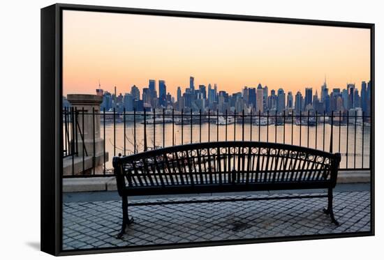 Bench in Park and New York City Midtown Manhattan at Sunset with Skyline Panorama View-Songquan Deng-Framed Stretched Canvas