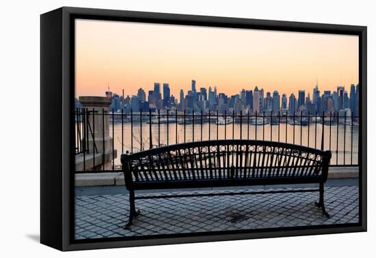 Bench in Park and New York City Midtown Manhattan at Sunset with Skyline Panorama View-Songquan Deng-Framed Stretched Canvas