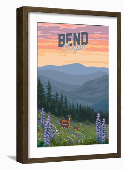 Bend, Oregon - Deer & Spring Flowers - Lantern Press Artwork-Lantern Press-Framed Art Print