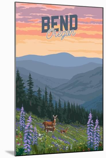 Bend, Oregon - Deer & Spring Flowers - Lantern Press Artwork-Lantern Press-Mounted Art Print