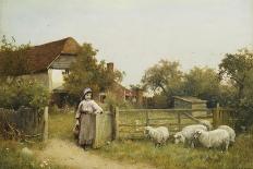 Young Girl with Sheep, by a Cottage-Benjamin D. Sigmund-Stretched Canvas