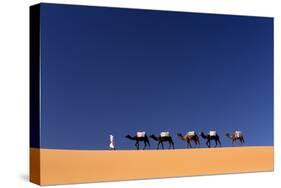 Berber Man Leading a Train of Camels over the Orange Sand Dunes of the Erg Chebbi Sand Sea-Lee Frost-Stretched Canvas