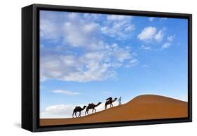 Berber Man Leading a Train of Camels over the Orange Sand Dunes of the Erg Chebbi Sand Sea-Lee Frost-Framed Stretched Canvas