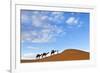 Berber Man Leading a Train of Camels over the Orange Sand Dunes of the Erg Chebbi Sand Sea-Lee Frost-Framed Photographic Print