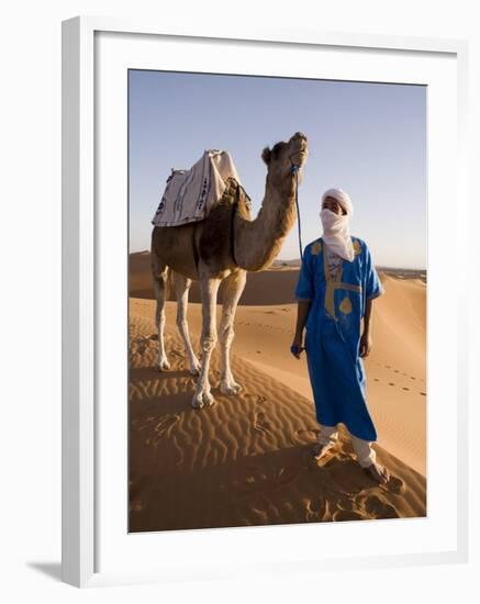 Berber Man Standing with His Camel, Erg Chebbi, Sahara Desert, Merzouga, Morocco, North Africa-Gavin Hellier-Framed Photographic Print