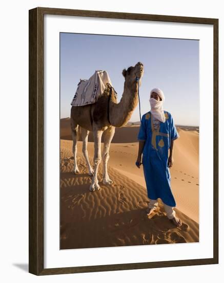 Berber Man Standing with His Camel, Erg Chebbi, Sahara Desert, Merzouga, Morocco, North Africa-Gavin Hellier-Framed Photographic Print