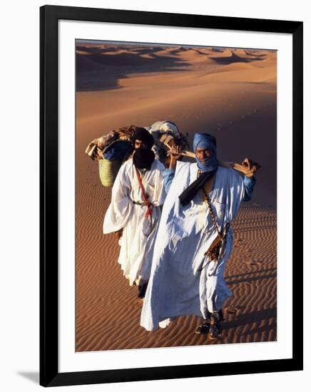 Berber Tribesmen Lead their Camels Through the Sand Dunes of the Erg Chegaga, in the Sahara Region -Mark Hannaford-Framed Photographic Print