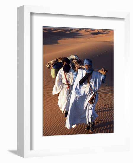 Berber Tribesmen Lead their Camels Through the Sand Dunes of the Erg Chegaga, in the Sahara Region -Mark Hannaford-Framed Photographic Print