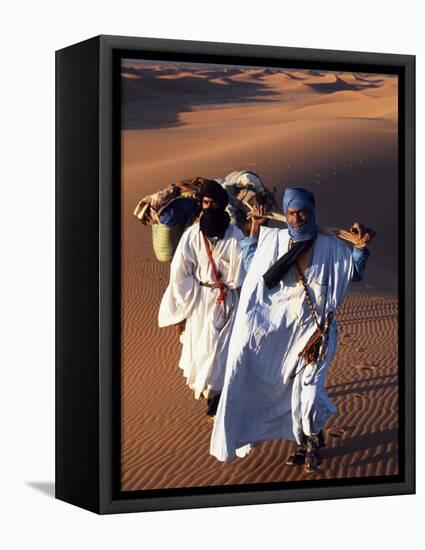 Berber Tribesmen Lead their Camels Through the Sand Dunes of the Erg Chegaga, in the Sahara Region -Mark Hannaford-Framed Stretched Canvas