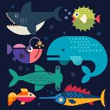 Ocean Underwater Life, Sea Animals. Fishing Boat. Fish, Octopus, Shrimp, Squid, Cancer, Mussels, Cr-Beresnev-Art Print