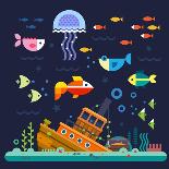 Sea Life. Underwater World. Fish, Jellyfish, Sea Bottom, Backwaters Ship, Algae, Treasure. Vector F-Beresnev-Art Print