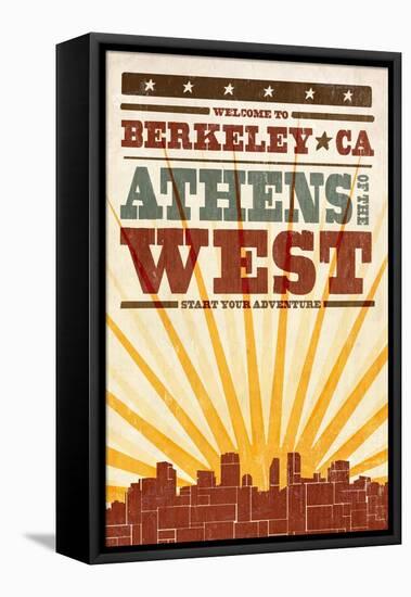 Berkeley, California - Skyline and Sunburst Screenprint Style-Lantern Press-Framed Stretched Canvas