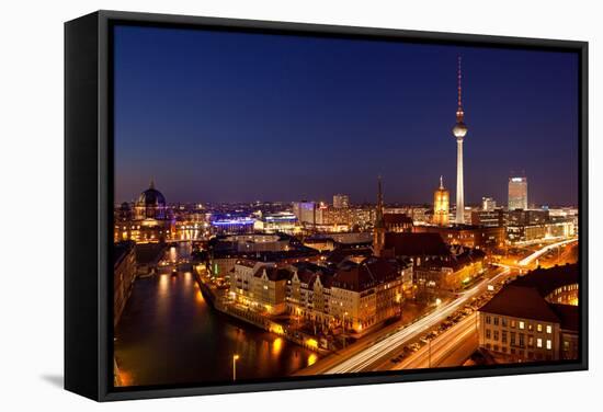 Berlin, Cathedral, Alexanderplatz Square and Nikolaiviertel, from Above, Dusk-Catharina Lux-Framed Stretched Canvas