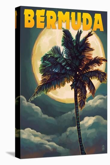 Bermuda - Palm and Moon-Lantern Press-Stretched Canvas