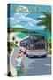 Bermuda - Pink Bus on Coastline-Lantern Press-Stretched Canvas