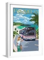 Bermuda - Pink Bus on Coastline-Lantern Press-Framed Art Print